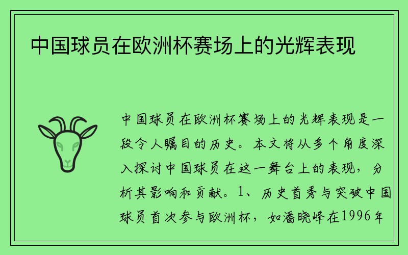 中国球员在欧洲杯赛场上的光辉表现